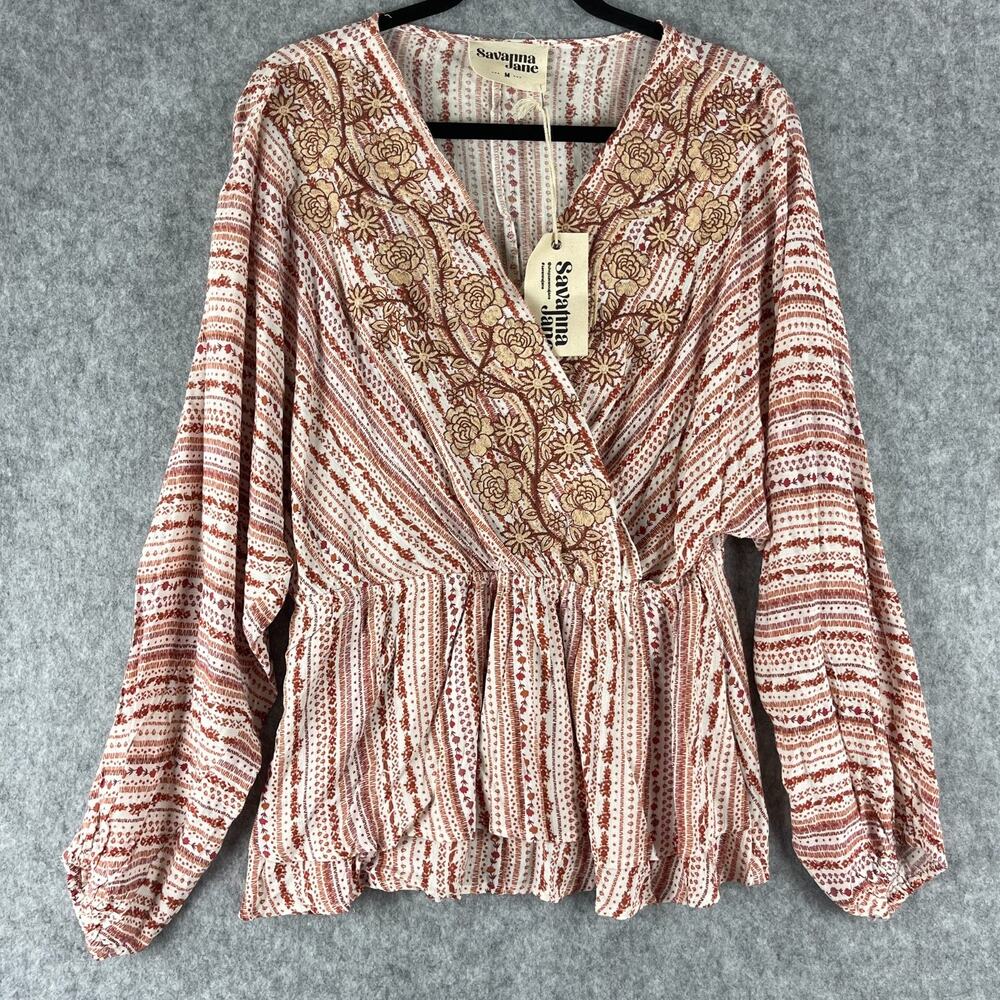 Savanna Jane Embroidered Top Women Medium Floral Boho Peasant Granny Cottage NEW